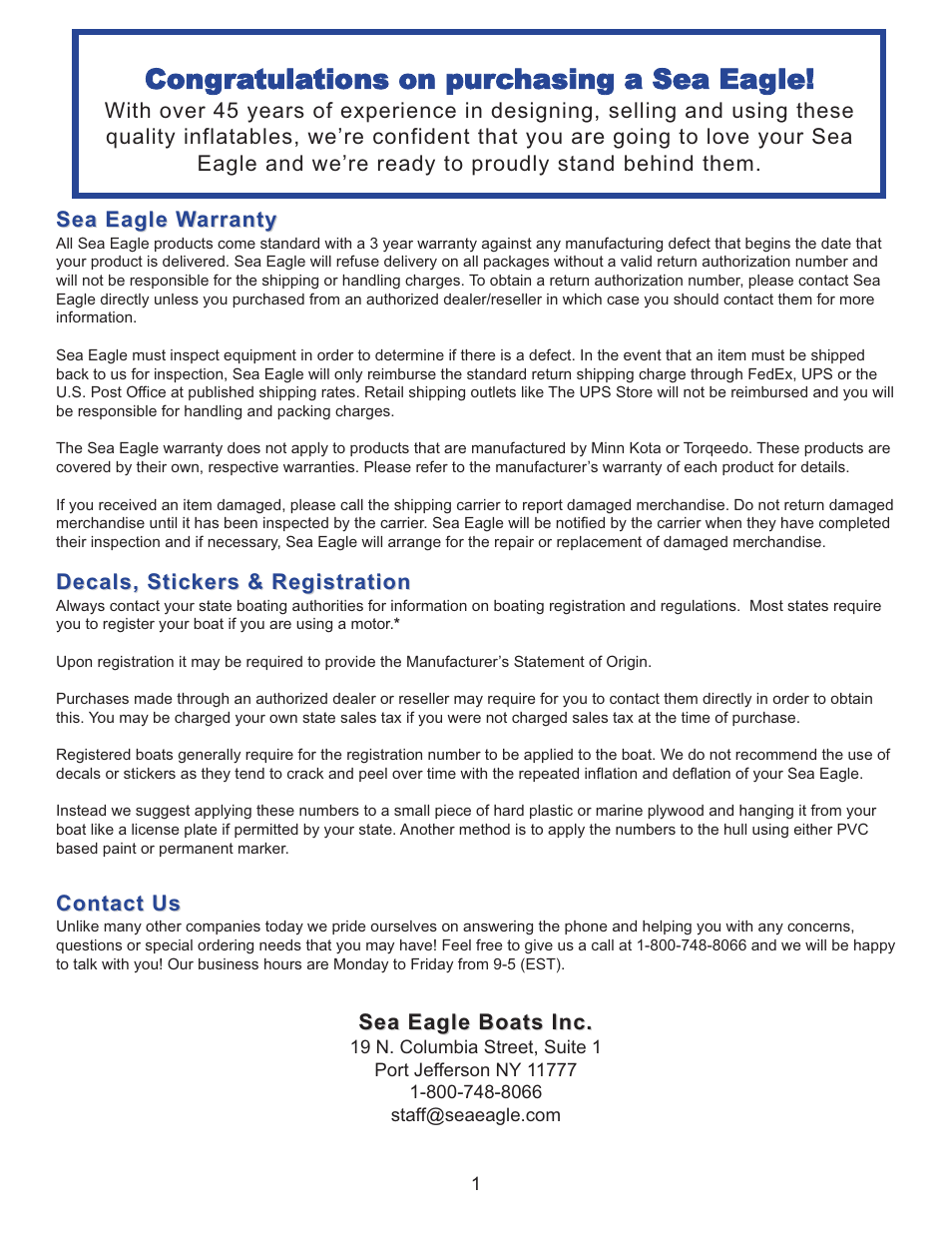 Sea eagle warranty, Decals, stickers & registration, Contact us | Sea eagle boats inc | Sea Eagle SE-9 Motormount Boat (SE9) User Manual | Page 2 / 13