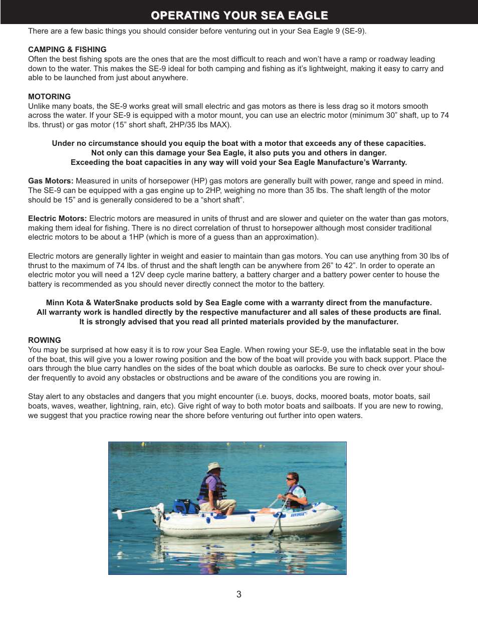 Operating your sea eagle | Sea Eagle SE-9 Motormount Boat (SE9) User Manual | Page 4 / 13