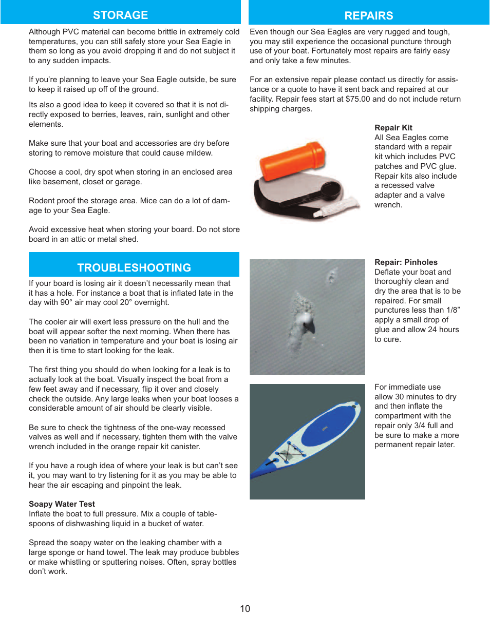 Storage repairs troubleshooting | Sea Eagle NeedleNose SUP (NN116, NN126, NN14) User Manual | Page 11 / 13