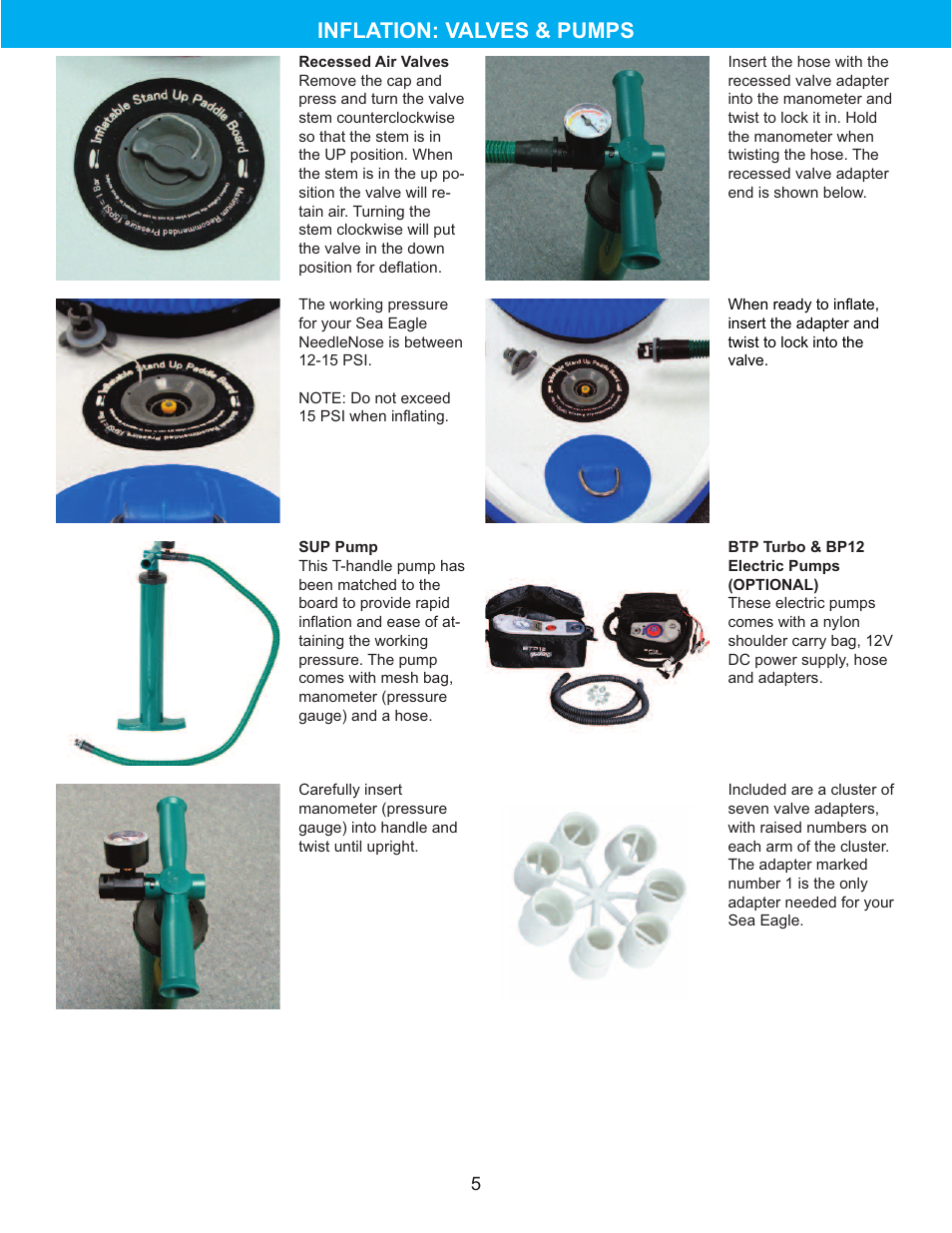 Inflation: valves & pumps | Sea Eagle NeedleNose SUP (NN116, NN126, NN14) User Manual | Page 6 / 13