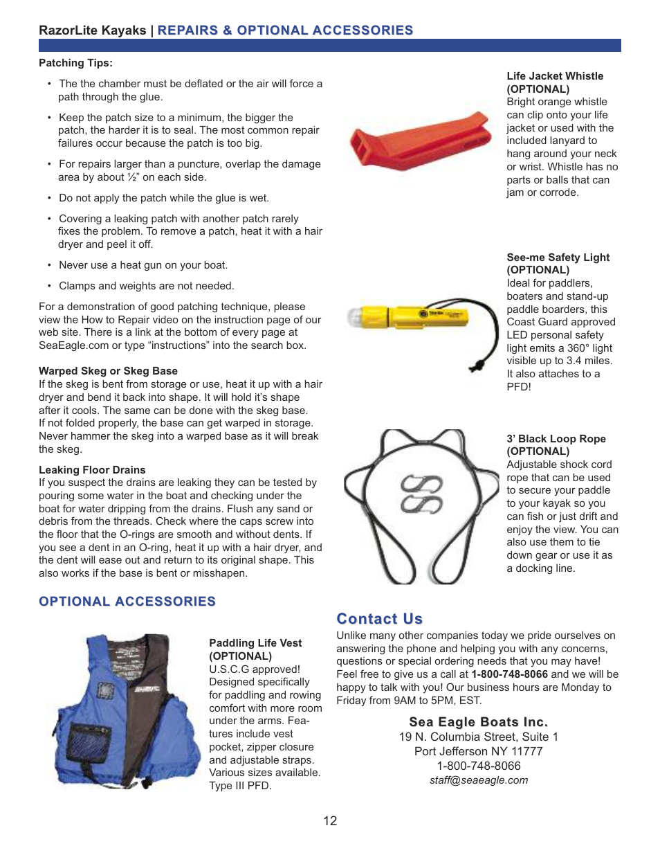 Contact us | Sea Eagle RazorLite Kayaks (393RL RazorLite, 473RL RazorLite) User Manual | Page 13 / 13