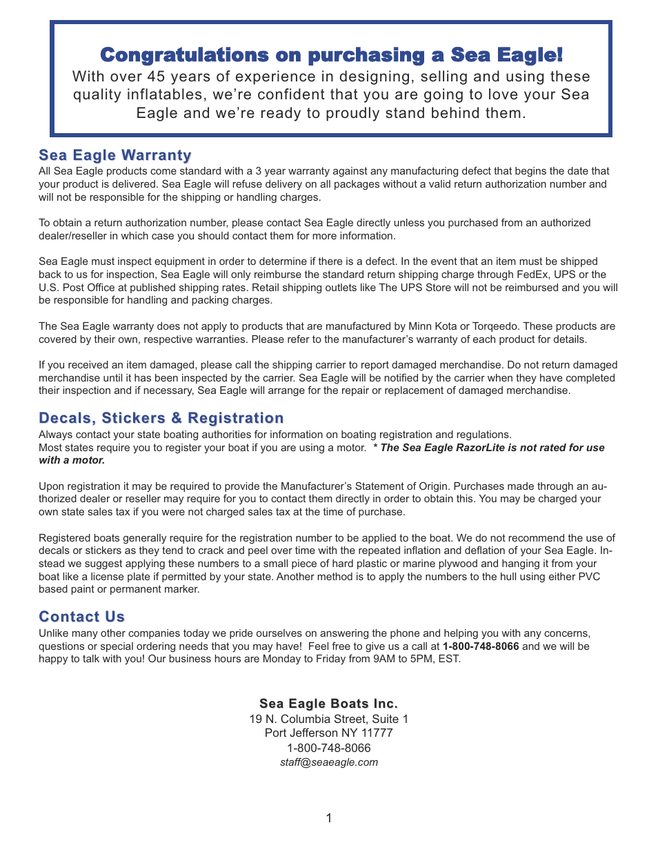 Sea eagle warranty, Decals, stickers & registration, Contact us | Sea Eagle RazorLite Kayaks (393RL RazorLite, 473RL RazorLite) User Manual | Page 2 / 13