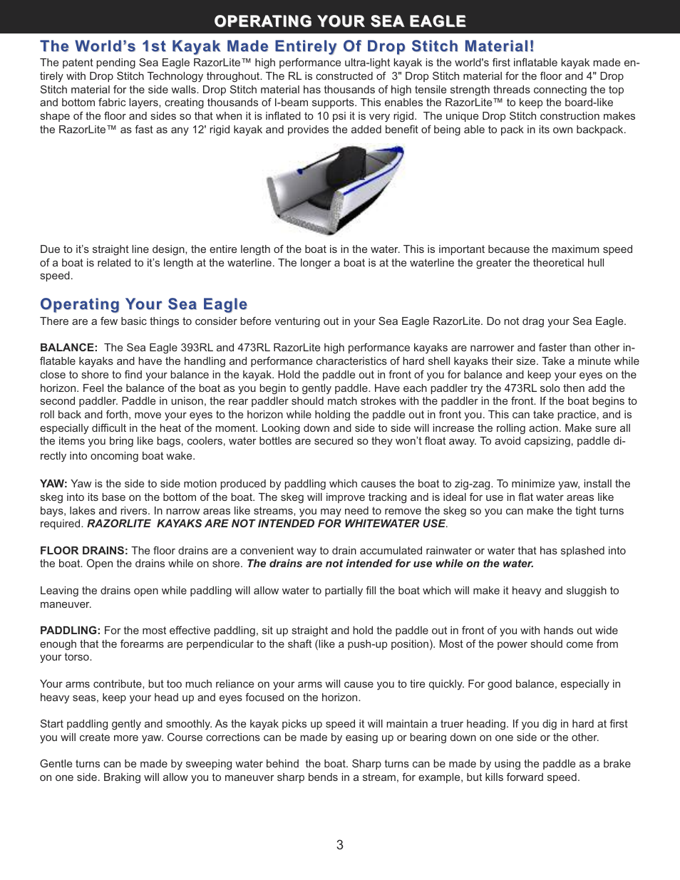 Operating your sea eagle | Sea Eagle RazorLite Kayaks (393RL RazorLite, 473RL RazorLite) User Manual | Page 4 / 13