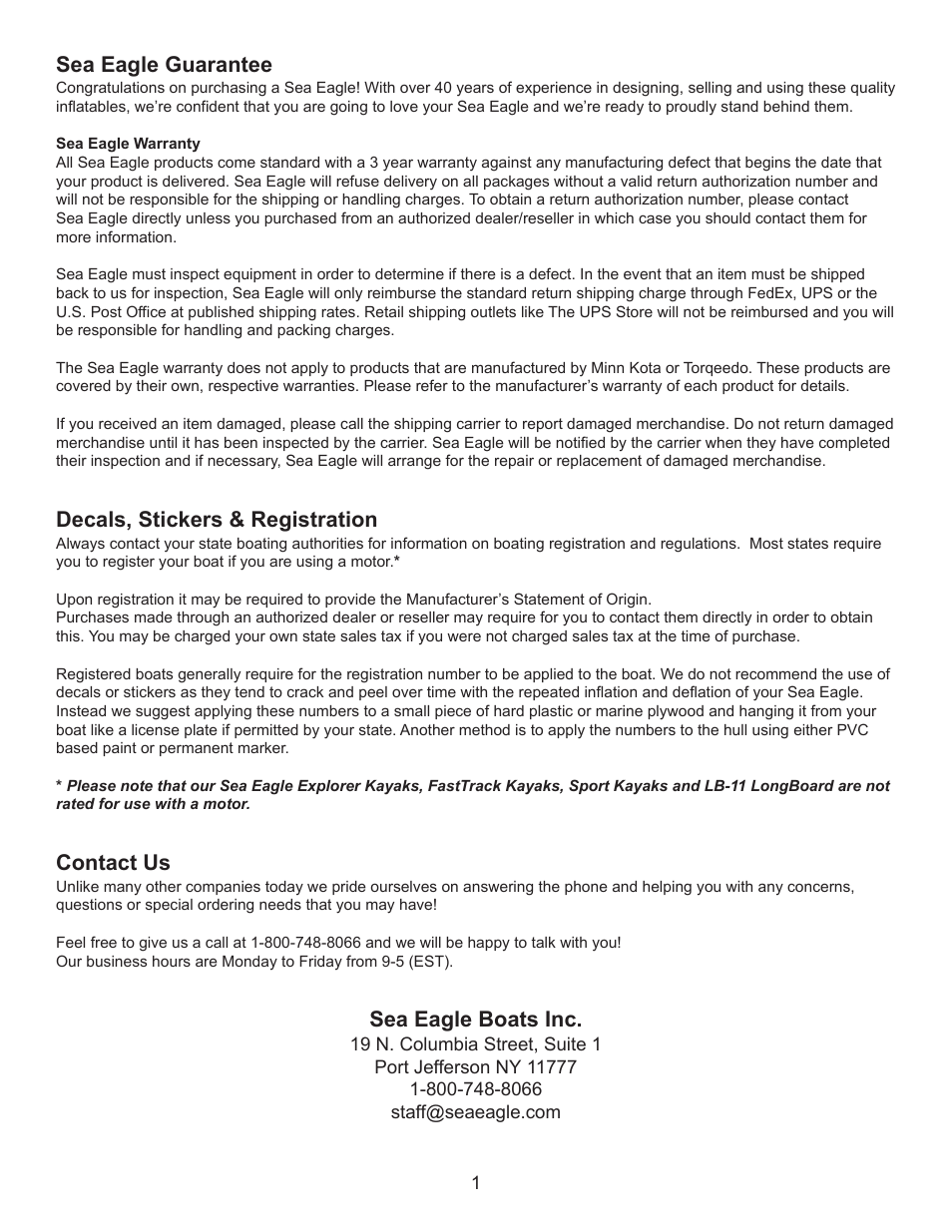 Sea eagle guarantee, Decals, stickers & registration, Contact us | Sea eagle boats inc | Sea Eagle Sport Kayak (SE 330, SE 370) User Manual | Page 2 / 12
