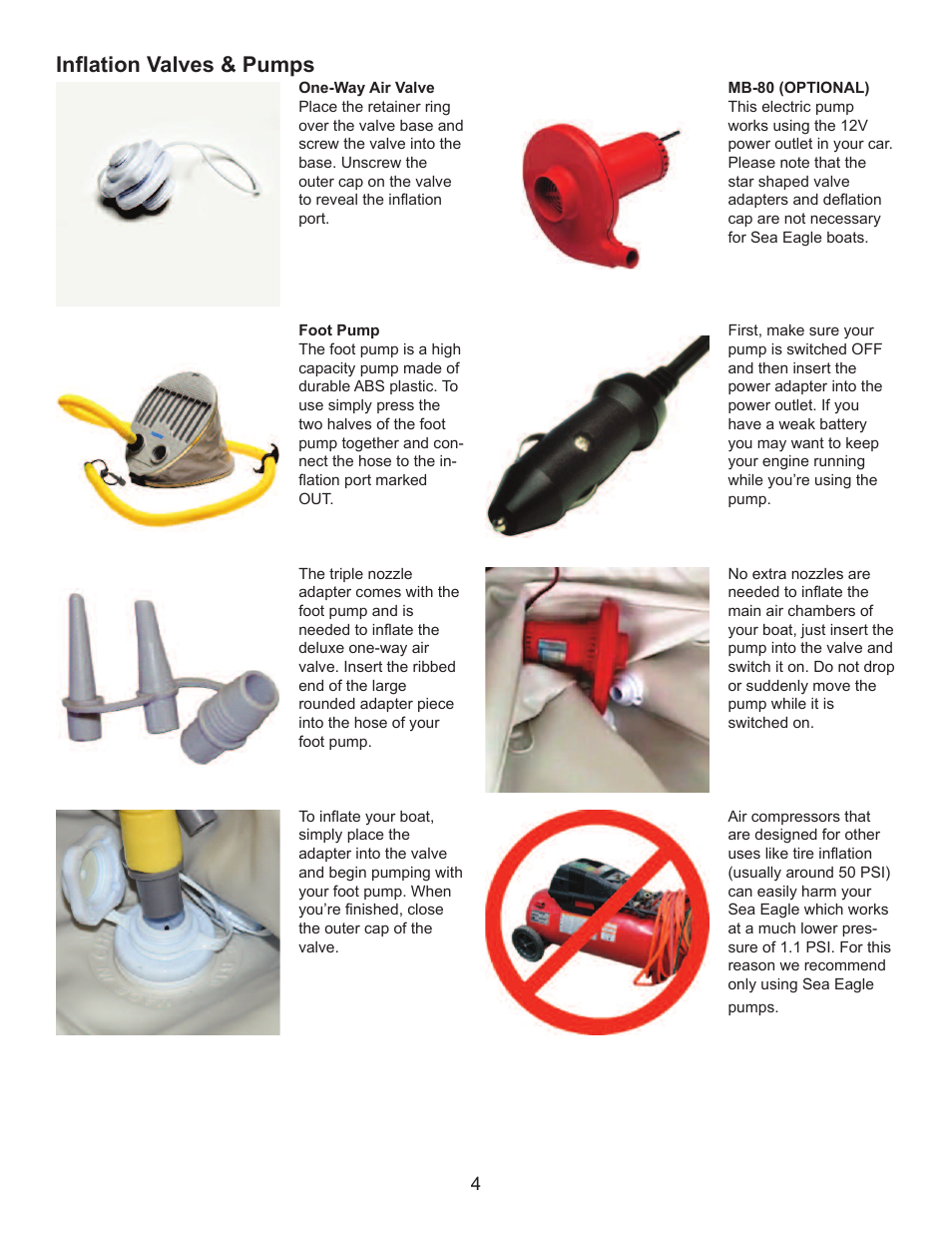 Inflation valves & pumps | Sea Eagle Sport Kayak (SE 330, SE 370) User Manual | Page 5 / 12