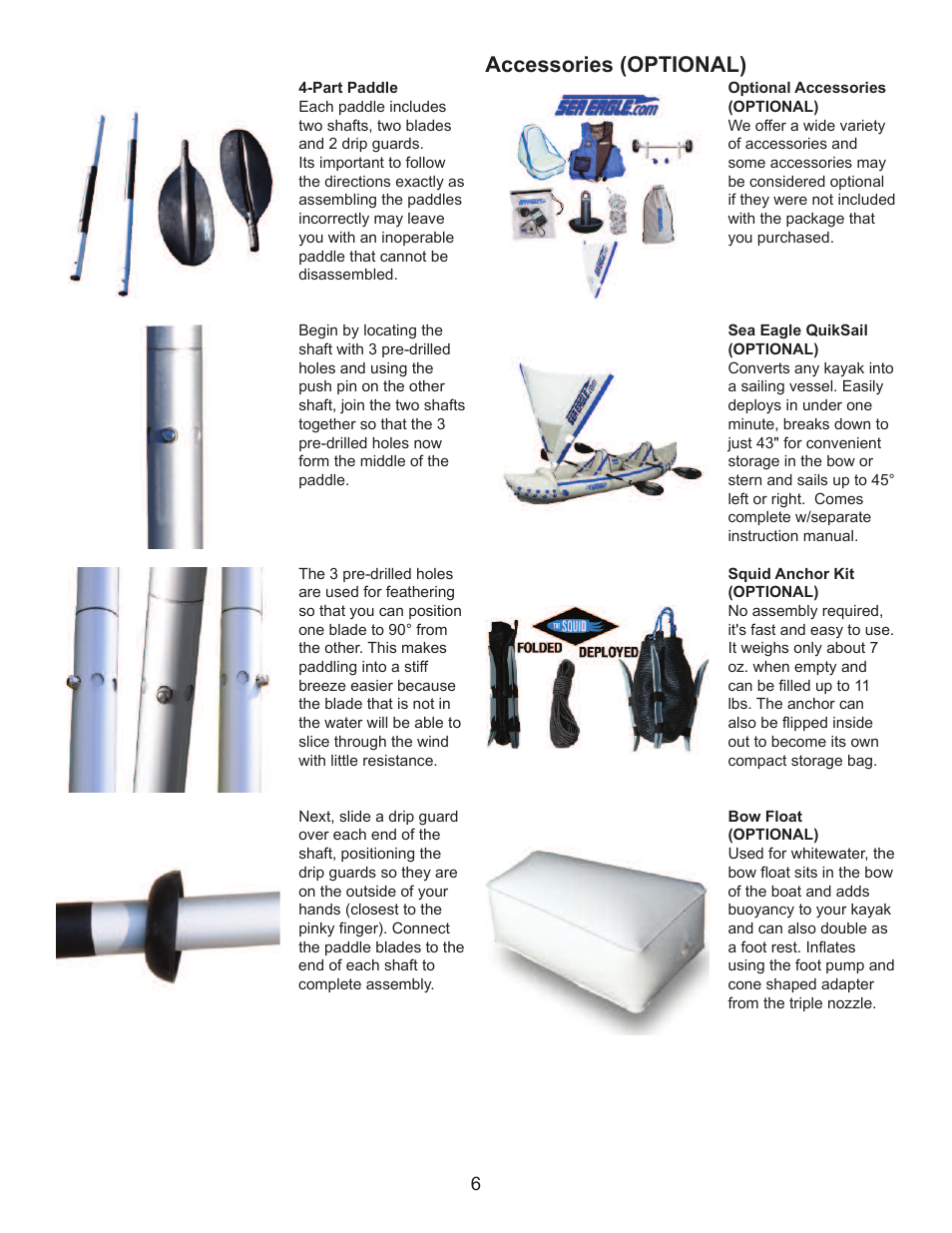 Accessories, Accessories (optional) | Sea Eagle Sport Kayak (SE 330, SE 370) User Manual | Page 7 / 12