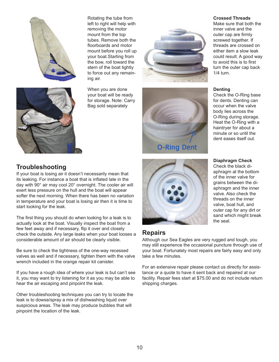 Troubleshooting, Repairs | Sea Eagle 124 smb Super Motormount Boat (124SMB) User Manual | Page 11 / 13