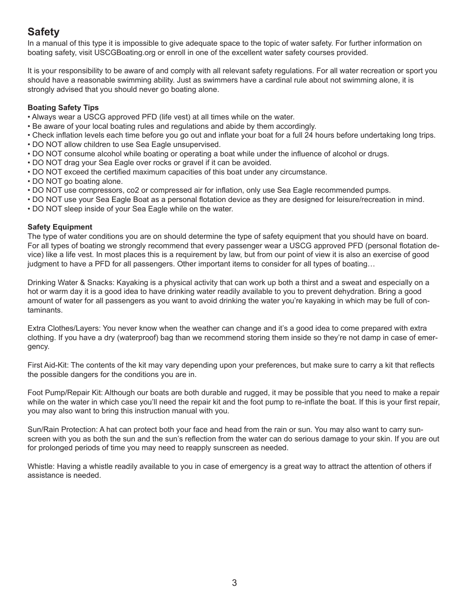 Safety | Sea Eagle 124 smb Super Motormount Boat (124SMB) User Manual | Page 4 / 13