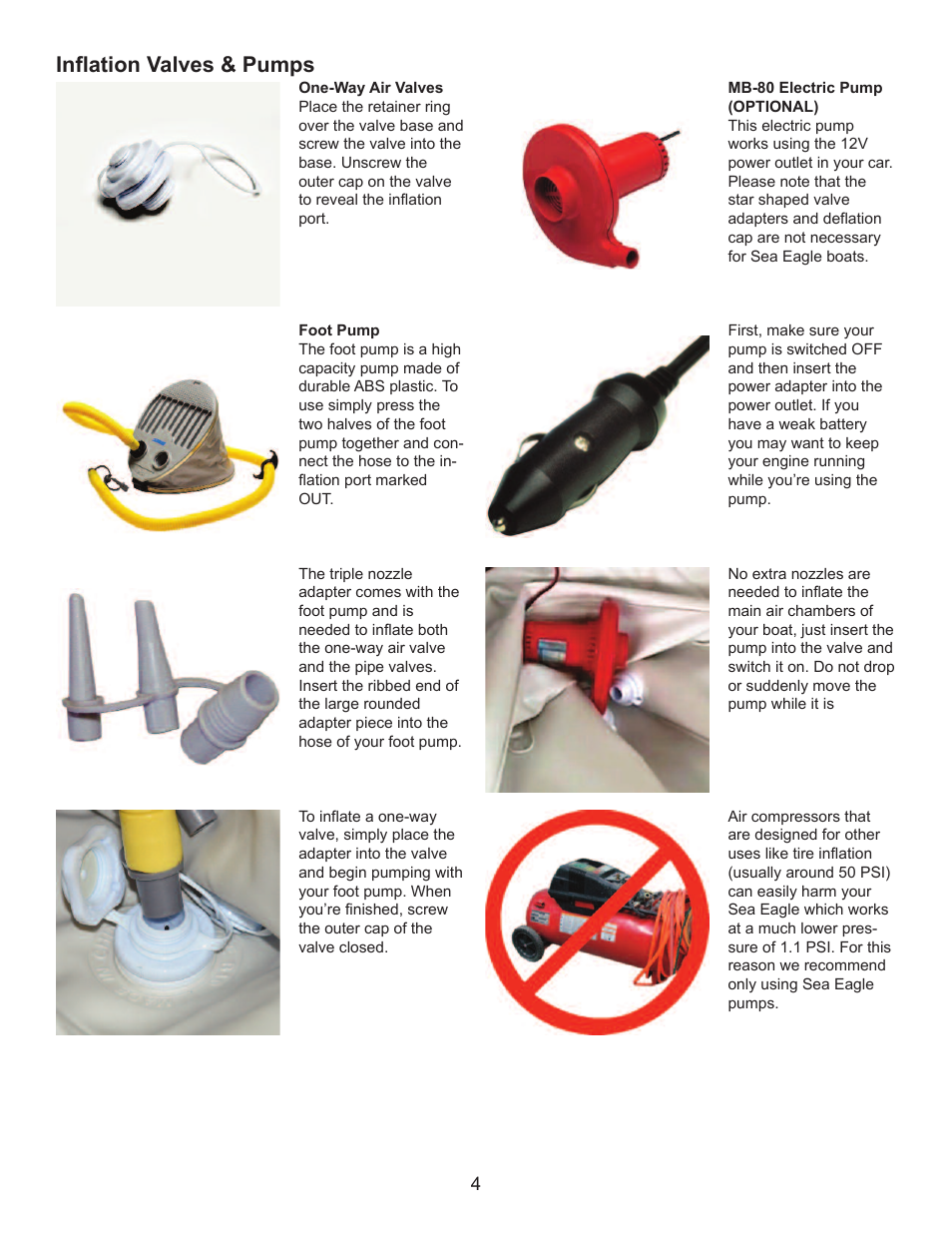 Inflation valves & pumps | Sea Eagle 124 smb Super Motormount Boat (124SMB) User Manual | Page 5 / 13