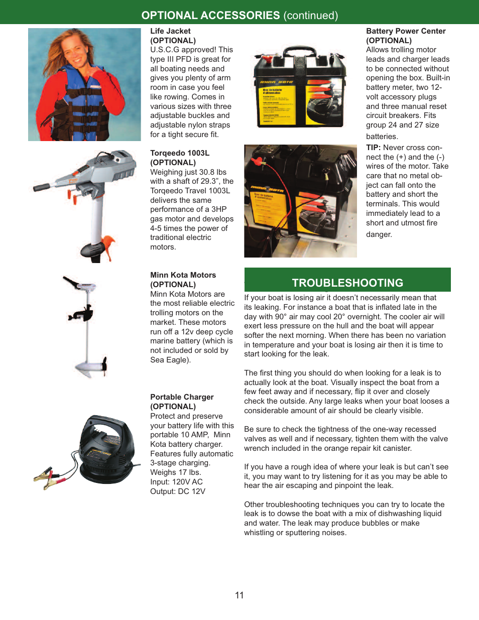 Troubleshooting, Optional accessories (continued) troubleshooting | Sea Eagle Stealth Stalker 10 (STS10) User Manual | Page 12 / 14