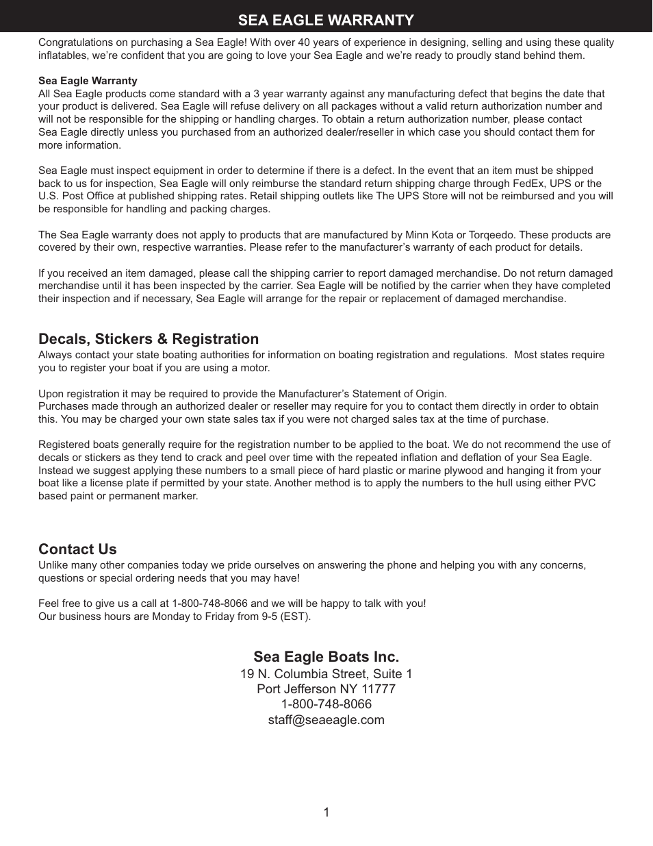Decals, stickers & registration, Contact us, Sea eagle boats inc | Sea eagle warranty | Sea Eagle Stealth Stalker 10 (STS10) User Manual | Page 2 / 14