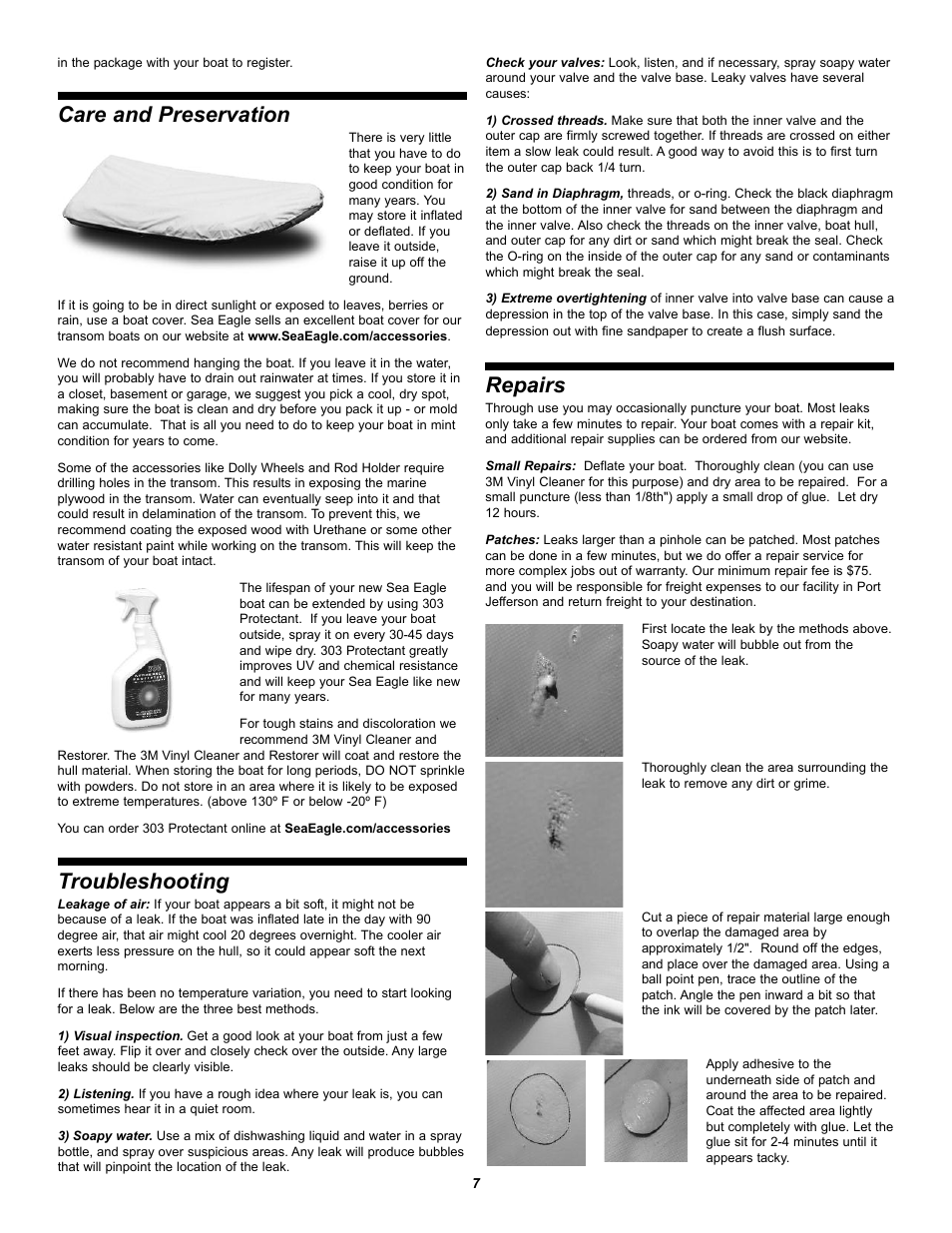 Care and pres er va tion, Troubleshooting, Repairs | Sea Eagle Transom Sport Boats (2009 and earlier) User Manual | Page 7 / 8