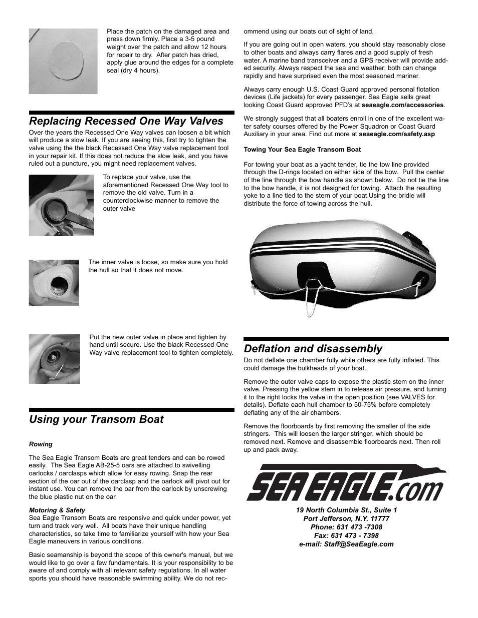 Replacing recessed one way valves, Using your transom boat, Deflation and disassembly | Sea Eagle Transom Sport Boats (2009 and earlier) User Manual | Page 8 / 8