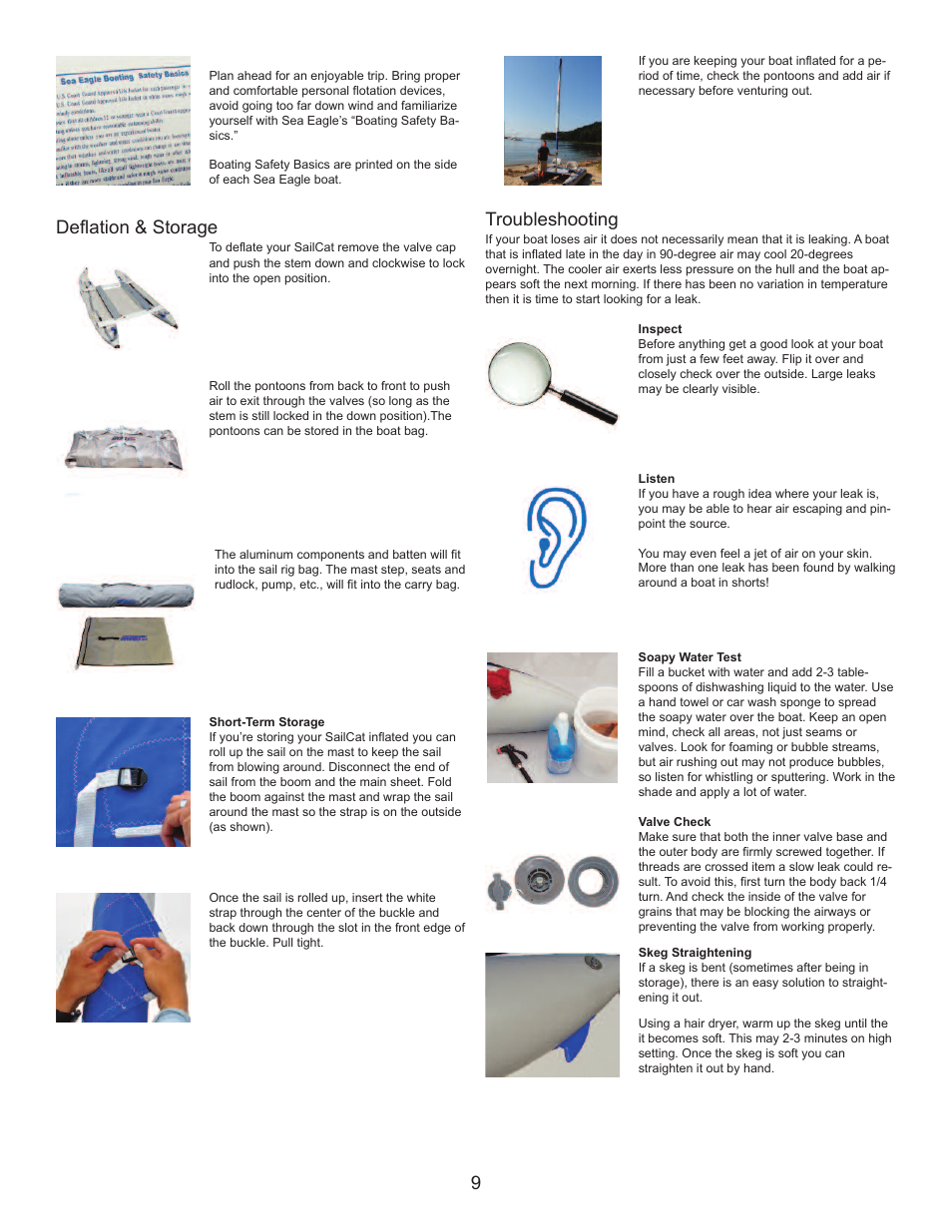 Deflation & storage, Troubleshooting | Sea Eagle Sailcat 14 (2013 and earlier) User Manual | Page 10 / 12