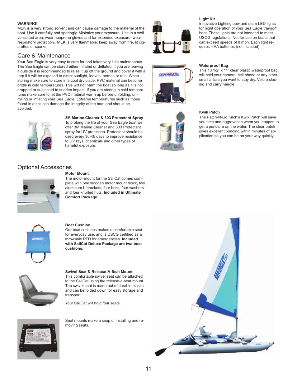 Care & maintenance, Optional accessories | Sea Eagle Sailcat 14 (2013 and earlier) User Manual | Page 12 / 12