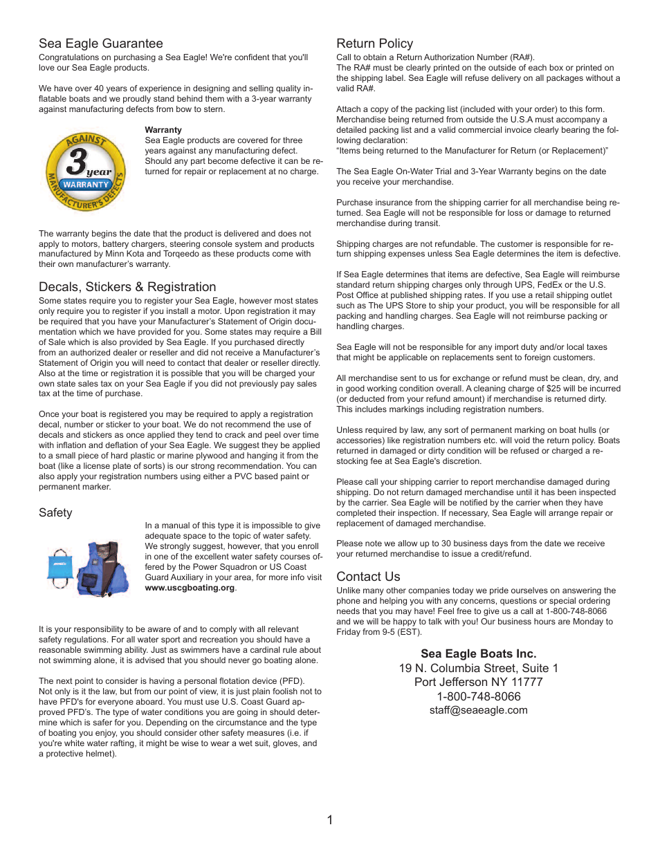 Sea eagle guarantee, Decals, stickers & registration, Return policy | Contact us | Sea Eagle Sailcat 14 (2013 and earlier) User Manual | Page 2 / 12