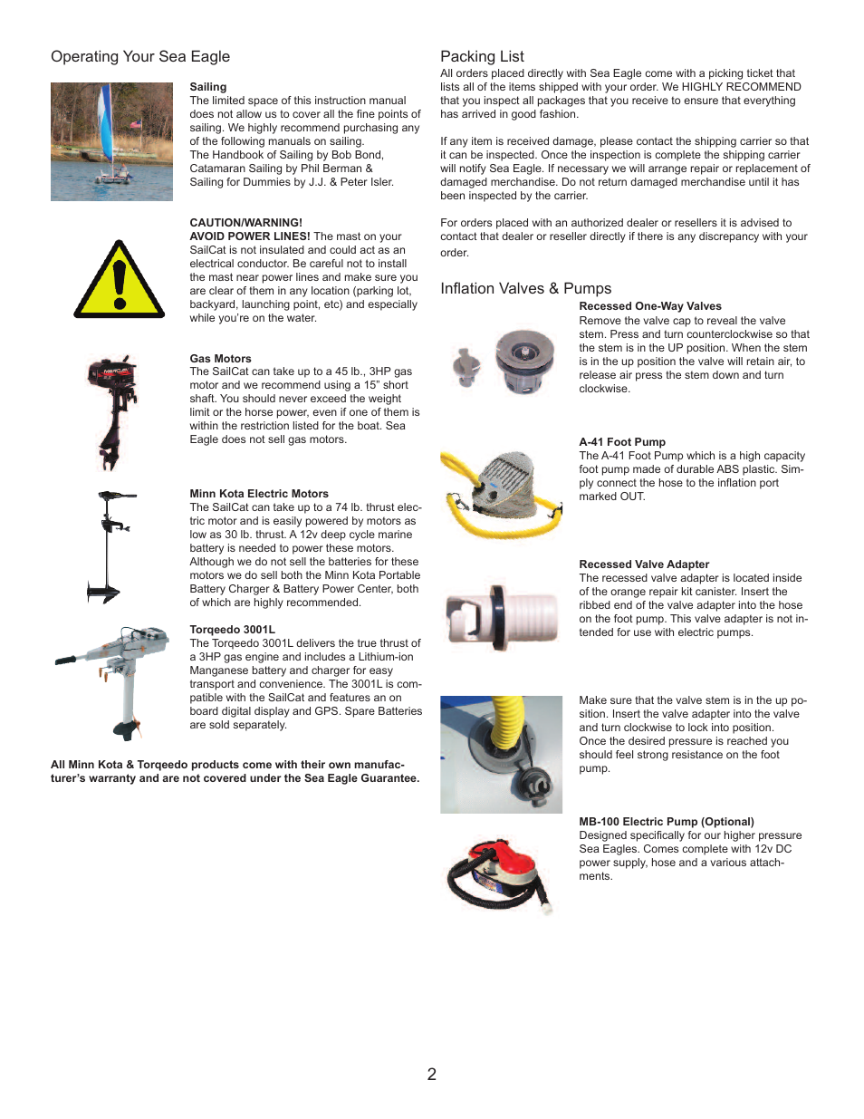 Operating your sea eagle, Packing list, Inflation valves & pumps | Sea Eagle Sailcat 14 (2013 and earlier) User Manual | Page 3 / 12