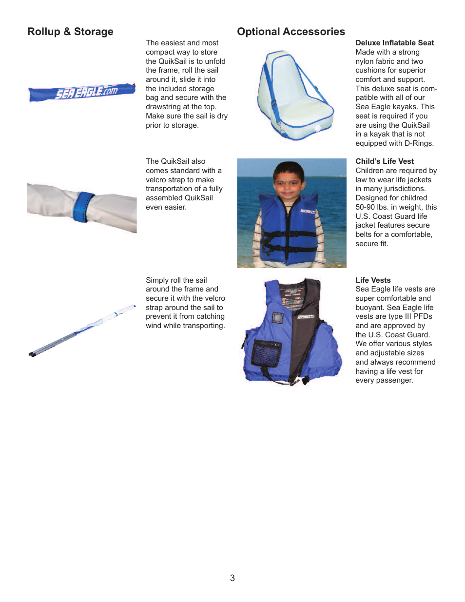 Rollup & storage, Optional accessories | Sea Eagle QuikSail User Manual | Page 4 / 4