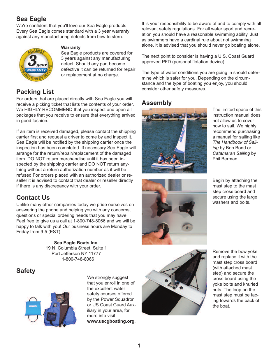 Sea eagle, Packing list, Contact us | Safety, Assembly | Sea Eagle Sail kit for PaddleSki User Manual | Page 2 / 4