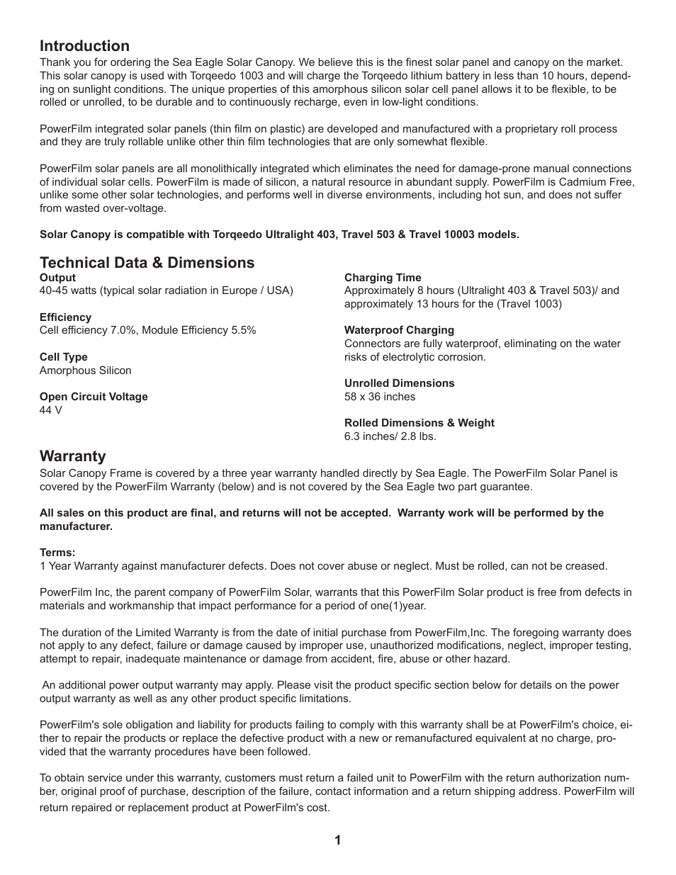 Introduction, Technical data & dimensions warranty | Sea Eagle Solar Panel 45T User Manual | Page 2 / 4