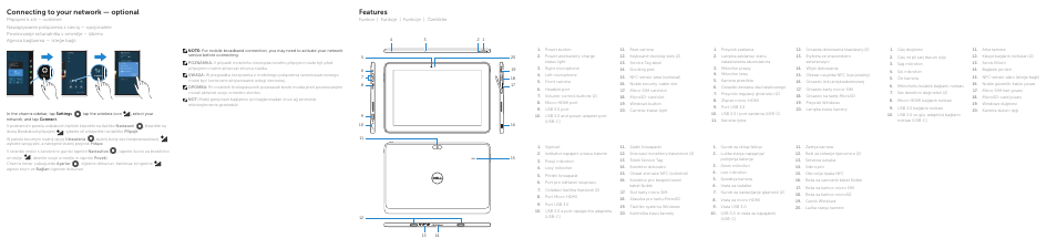 Features, Connecting to your network — optional | Dell Venue 10 Pro 5056 User Manual | Page 2 / 2
