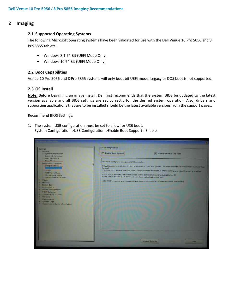 Imaging, Supported operating systems, Boot capabilities | Os install, 2 imaging | Dell Venue 10 Pro 5056 User Manual | Page 4 / 20