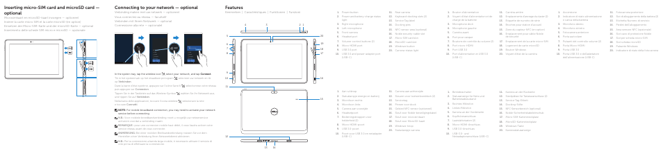 Features, Connecting to your network — optional | Dell Venue 10 Pro 5056 User Manual | Page 2 / 2