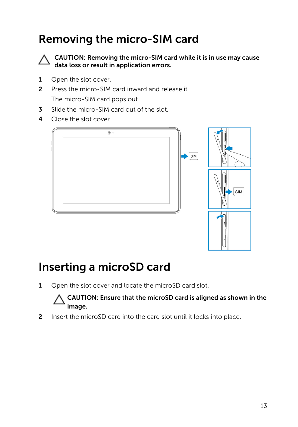 Removing the micro-sim card, Inserting a microsd card | Dell Venue 10 Pro 5056 User Manual | Page 13 / 39