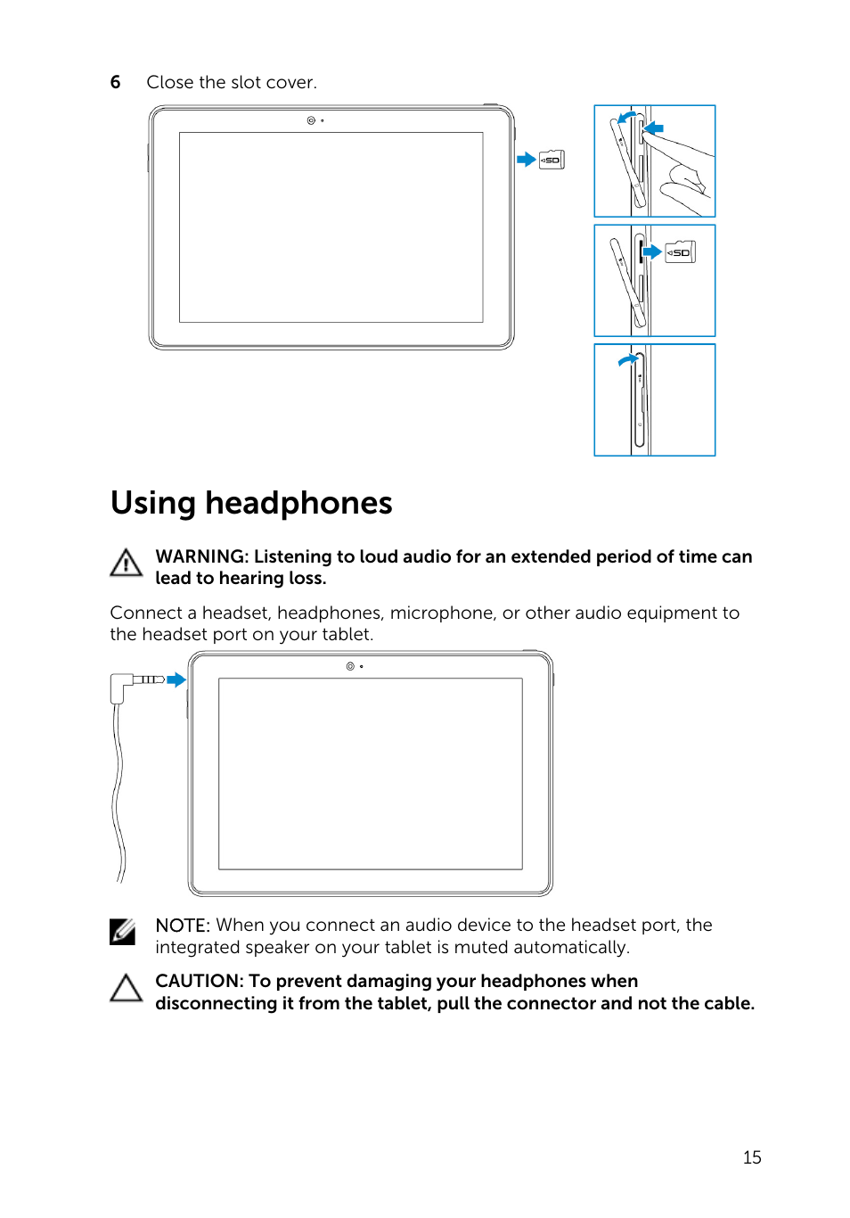 Using headphones | Dell Venue 10 Pro 5056 User Manual | Page 15 / 39