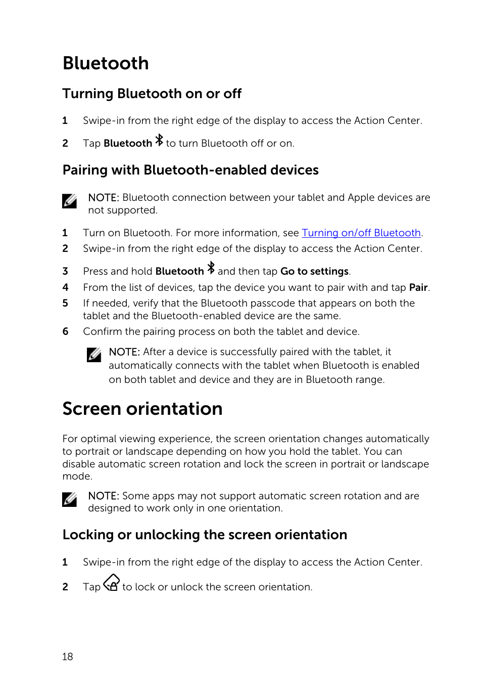 Bluetooth, Turning bluetooth on or off, Pairing with bluetooth-enabled devices | Screen orientation, Locking or unlocking the screen orientation | Dell Venue 10 Pro 5056 User Manual | Page 18 / 39