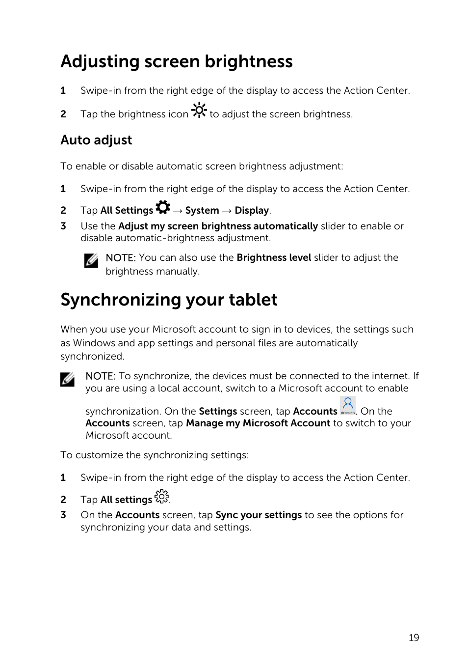Adjusting screen brightness, Auto adjust, Synchronizing your tablet | Dell Venue 10 Pro 5056 User Manual | Page 19 / 39