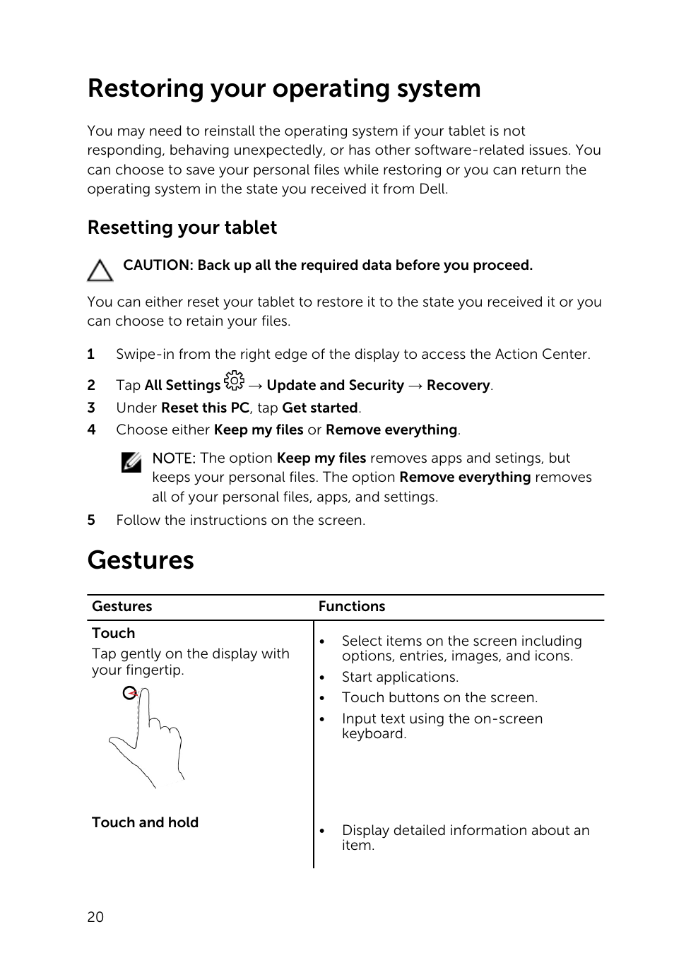Restoring your operating system, Resetting your tablet, Gestures | Dell Venue 10 Pro 5056 User Manual | Page 20 / 39