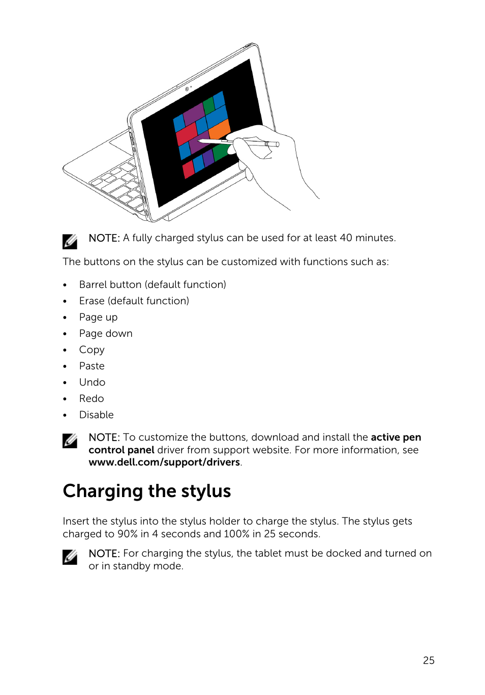 Charging the stylus | Dell Venue 10 Pro 5056 User Manual | Page 25 / 39