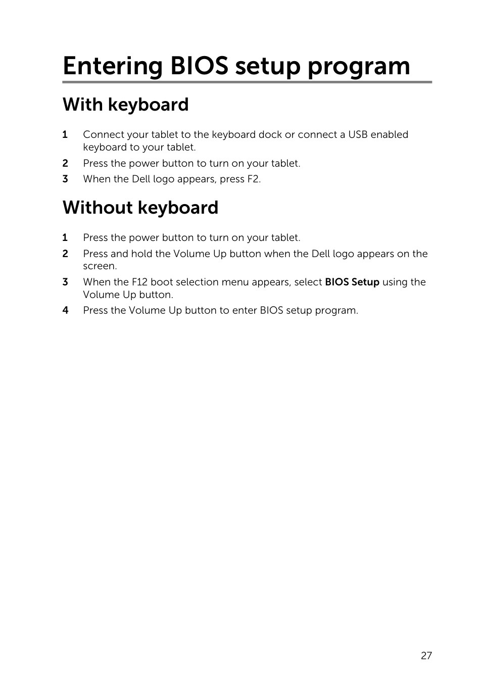 Entering bios setup program, With keyboard, Without keyboard | Dell Venue 10 Pro 5056 User Manual | Page 27 / 39