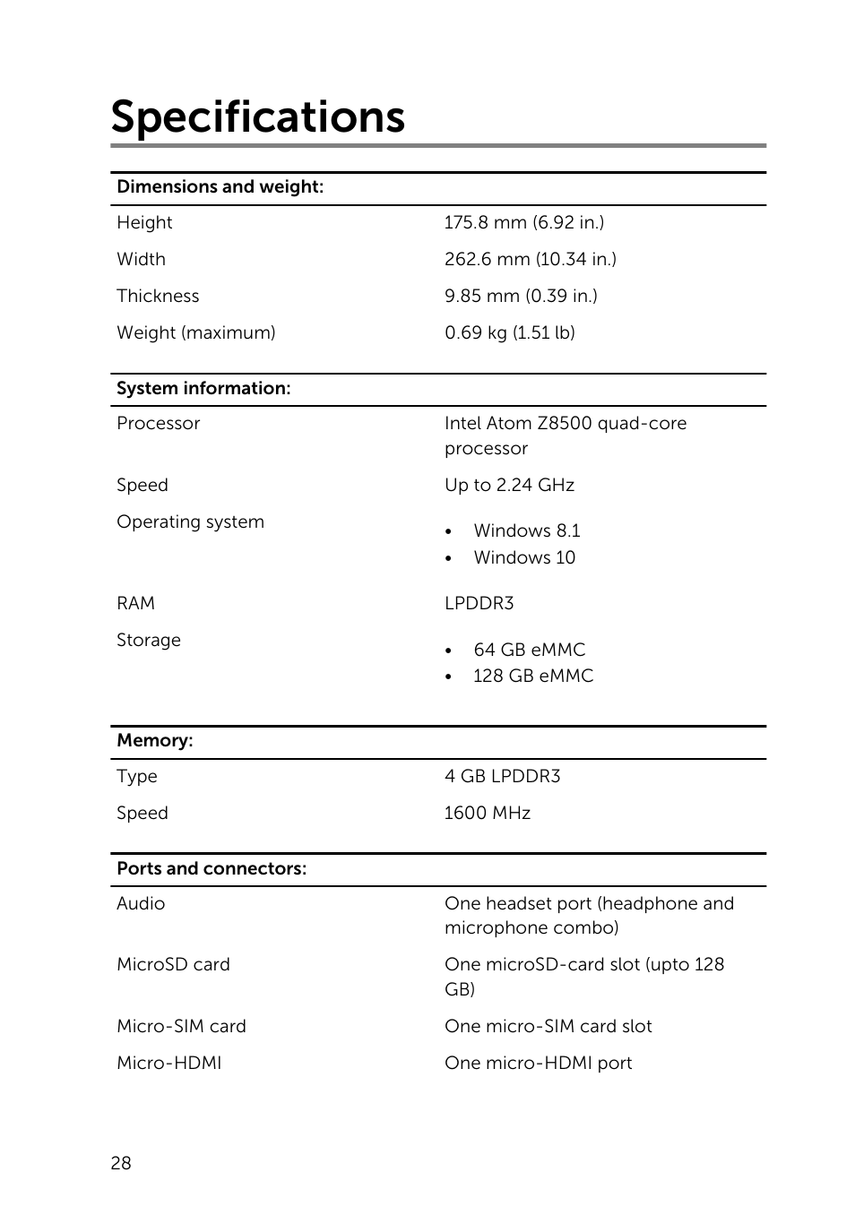 Specifications | Dell Venue 10 Pro 5056 User Manual | Page 28 / 39