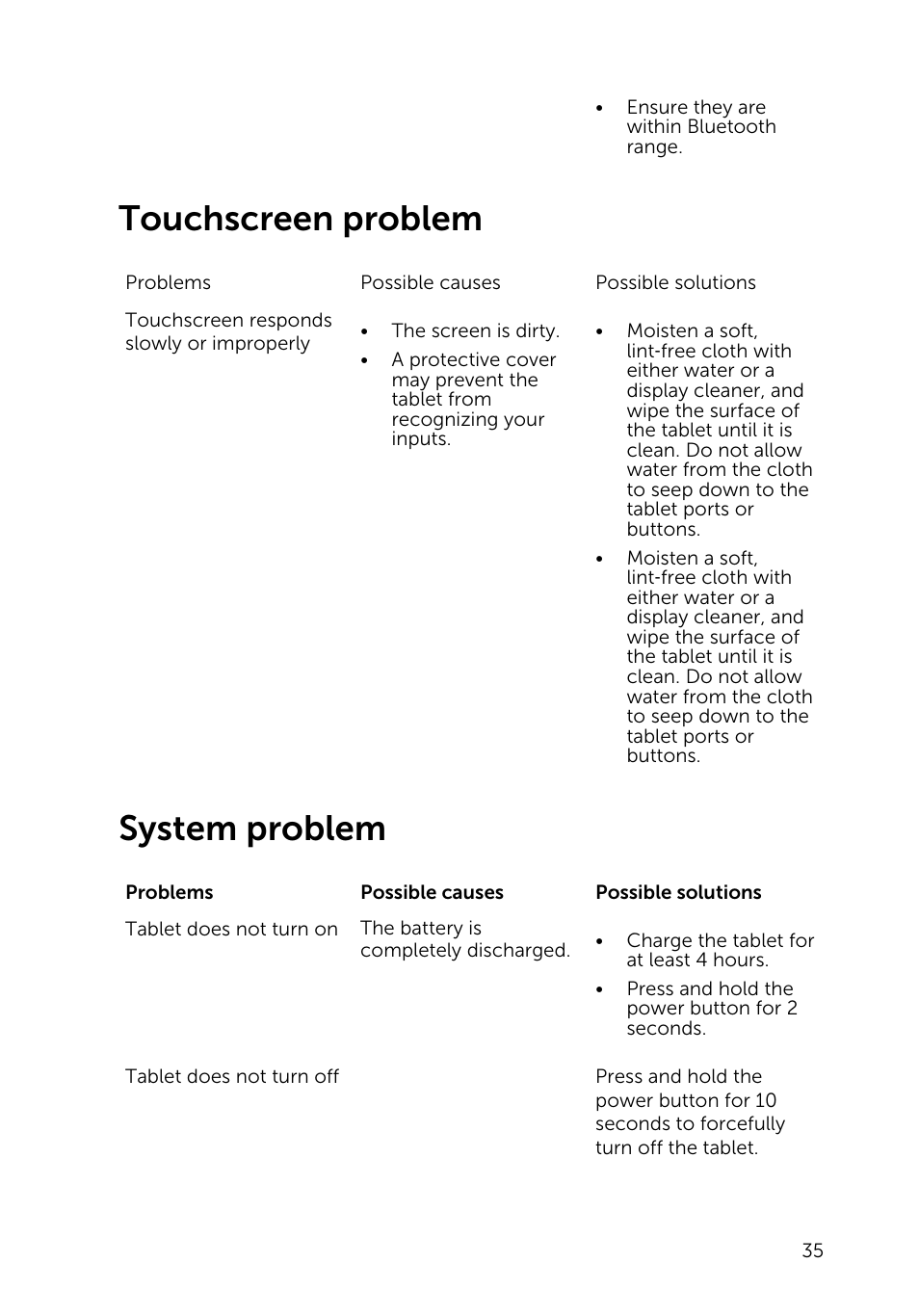 Touchscreen problem, System problem | Dell Venue 10 Pro 5056 User Manual | Page 35 / 39