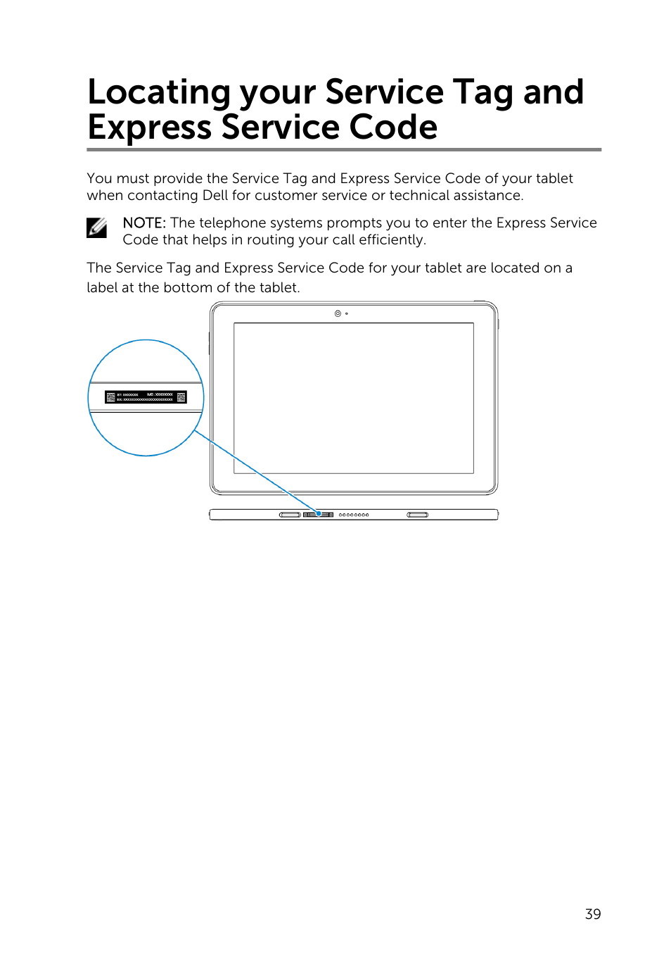 Locating your service tag and express service code | Dell Venue 10 Pro 5056 User Manual | Page 39 / 39