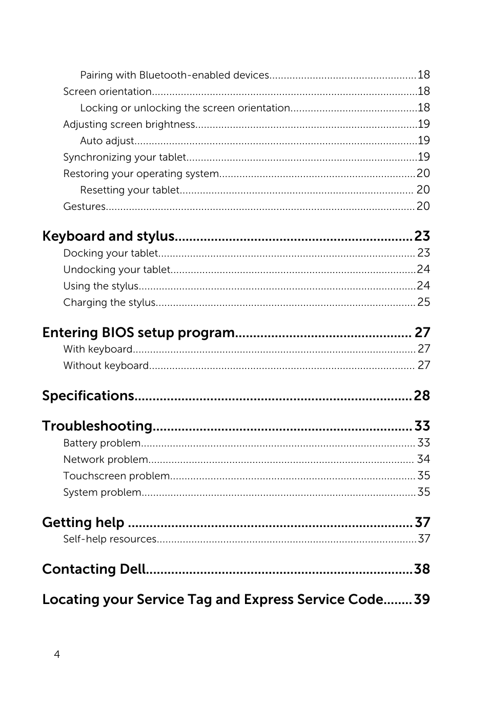 Keyboard and stylus, Entering bios setup program, Specifications troubleshooting | Getting help | Dell Venue 10 Pro 5056 User Manual | Page 4 / 39