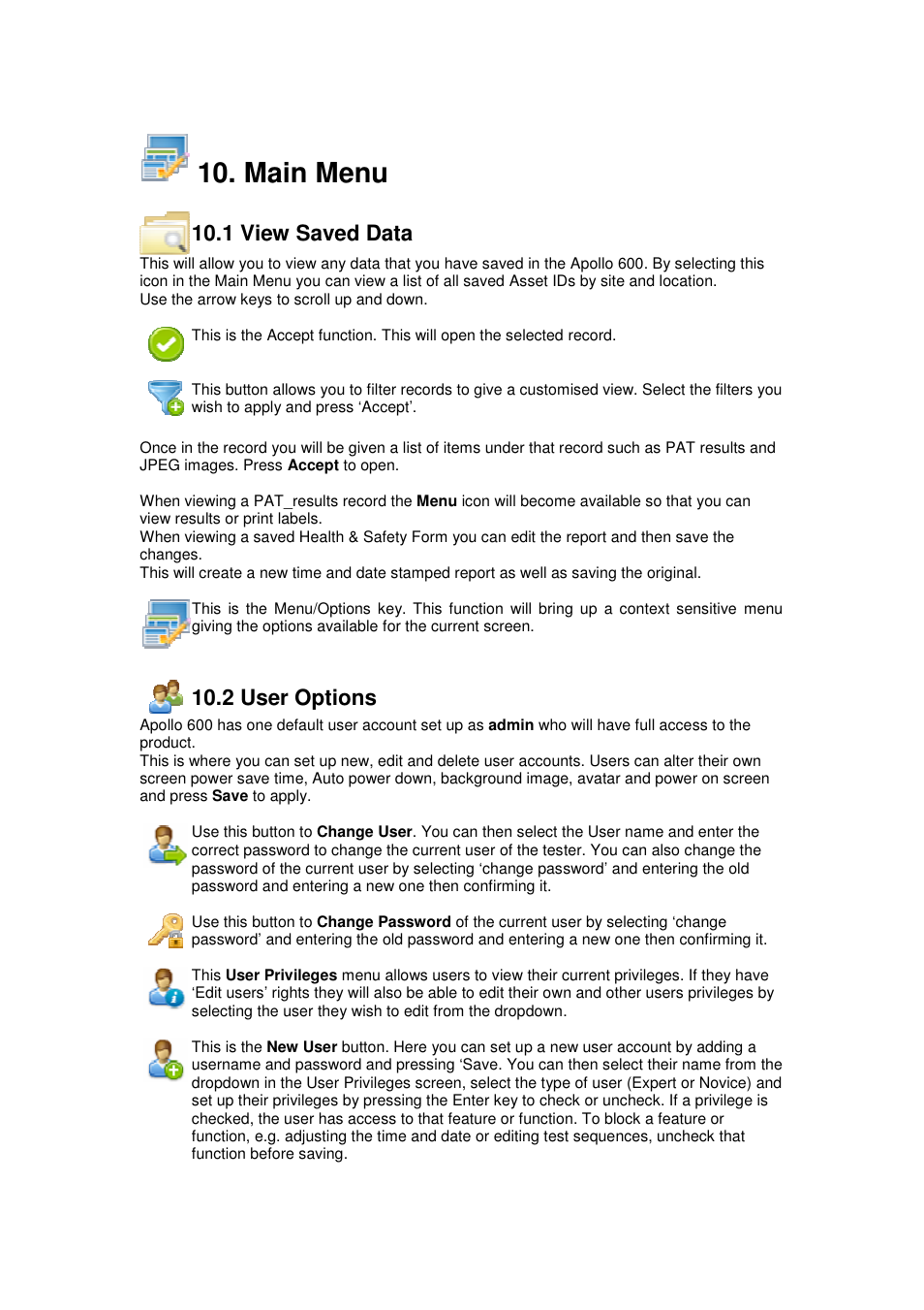 Main menu, 1 view saved data, 2 user options | Seaward Apollo 600 User Manual | Page 10 / 32