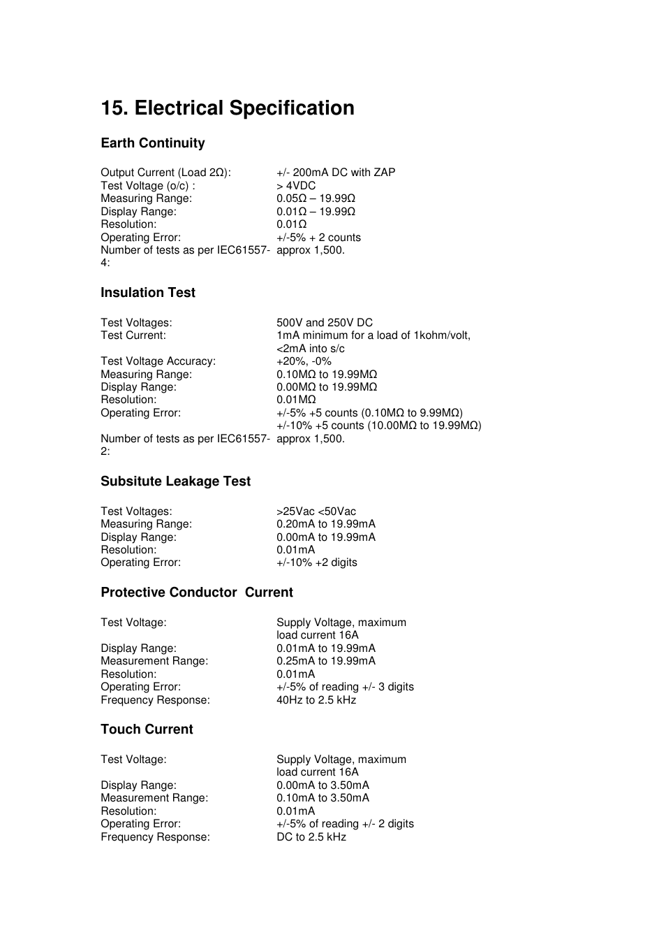 Electrical specification | Seaward Apollo 600 User Manual | Page 25 / 32