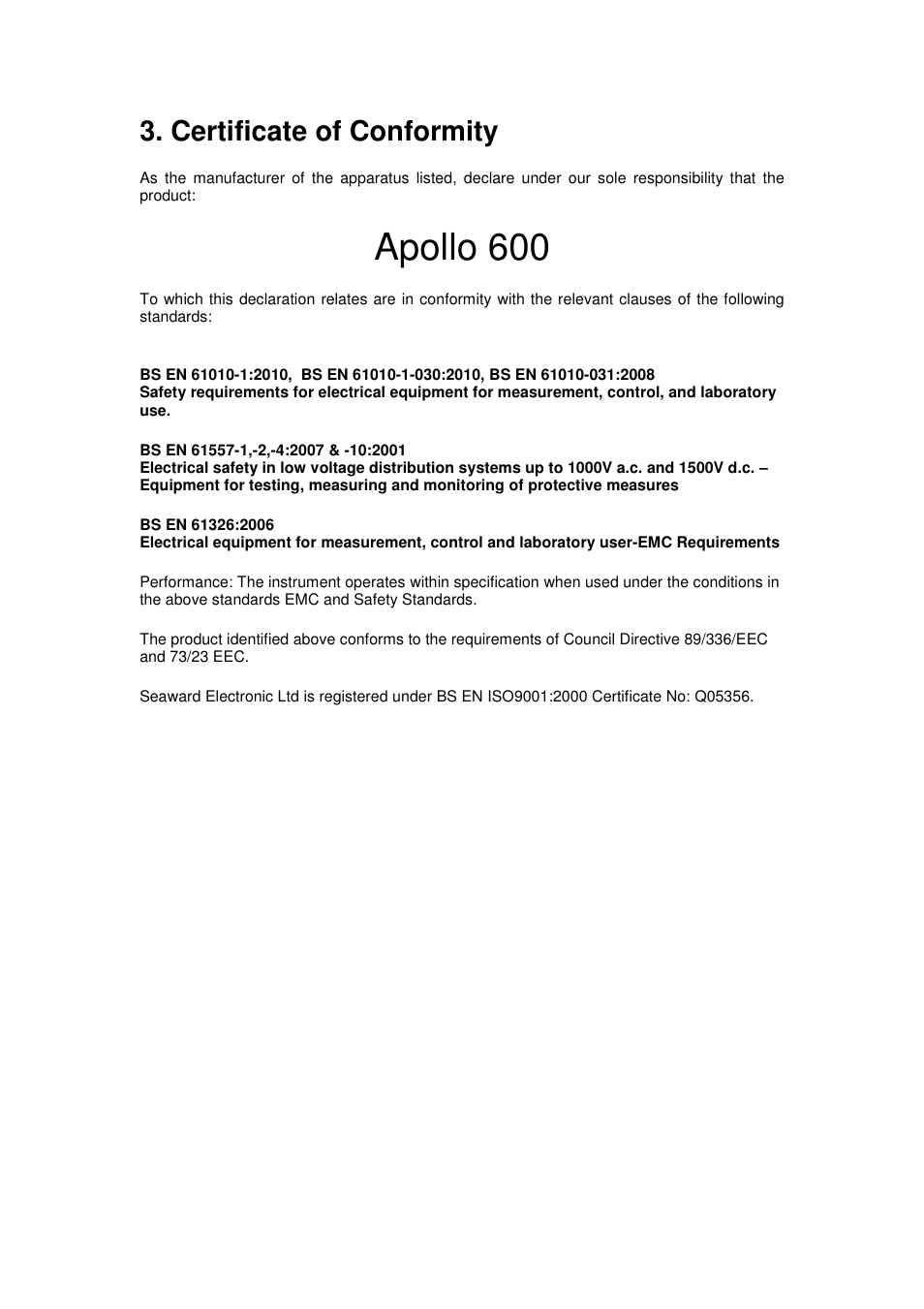 Apollo 600, Certificate of conformity | Seaward Apollo 600 User Manual | Page 4 / 32