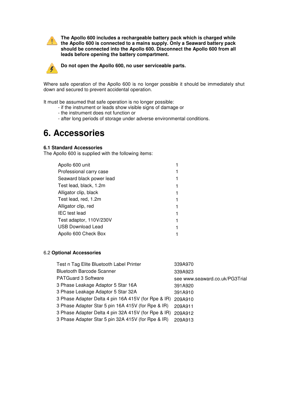 Accessories | Seaward Apollo 600 User Manual | Page 6 / 32