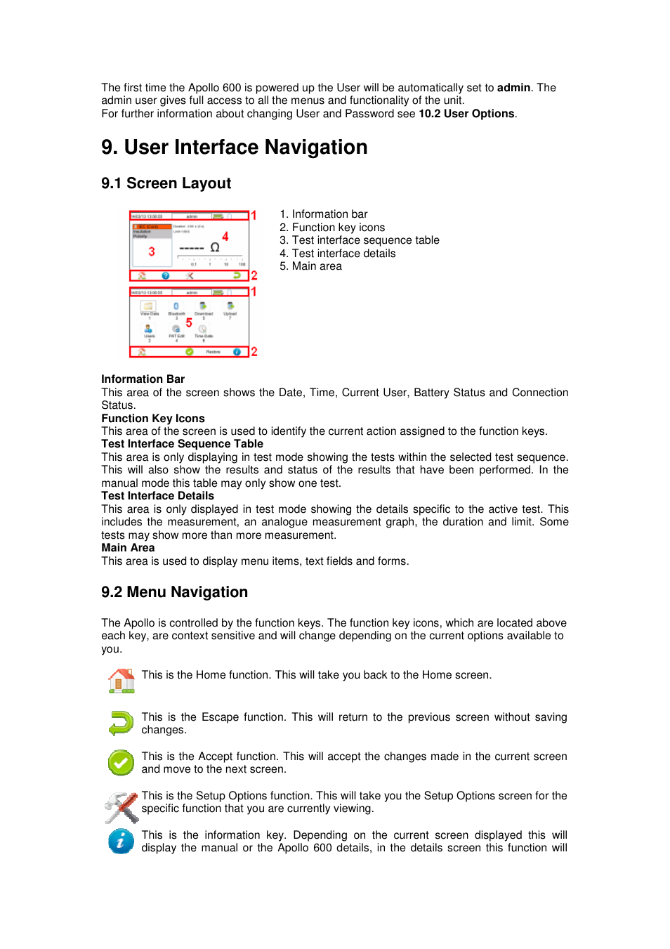 User interface navigation, 1 screen layout, 2 menu navigation | Seaward Apollo 600 User Manual | Page 8 / 32