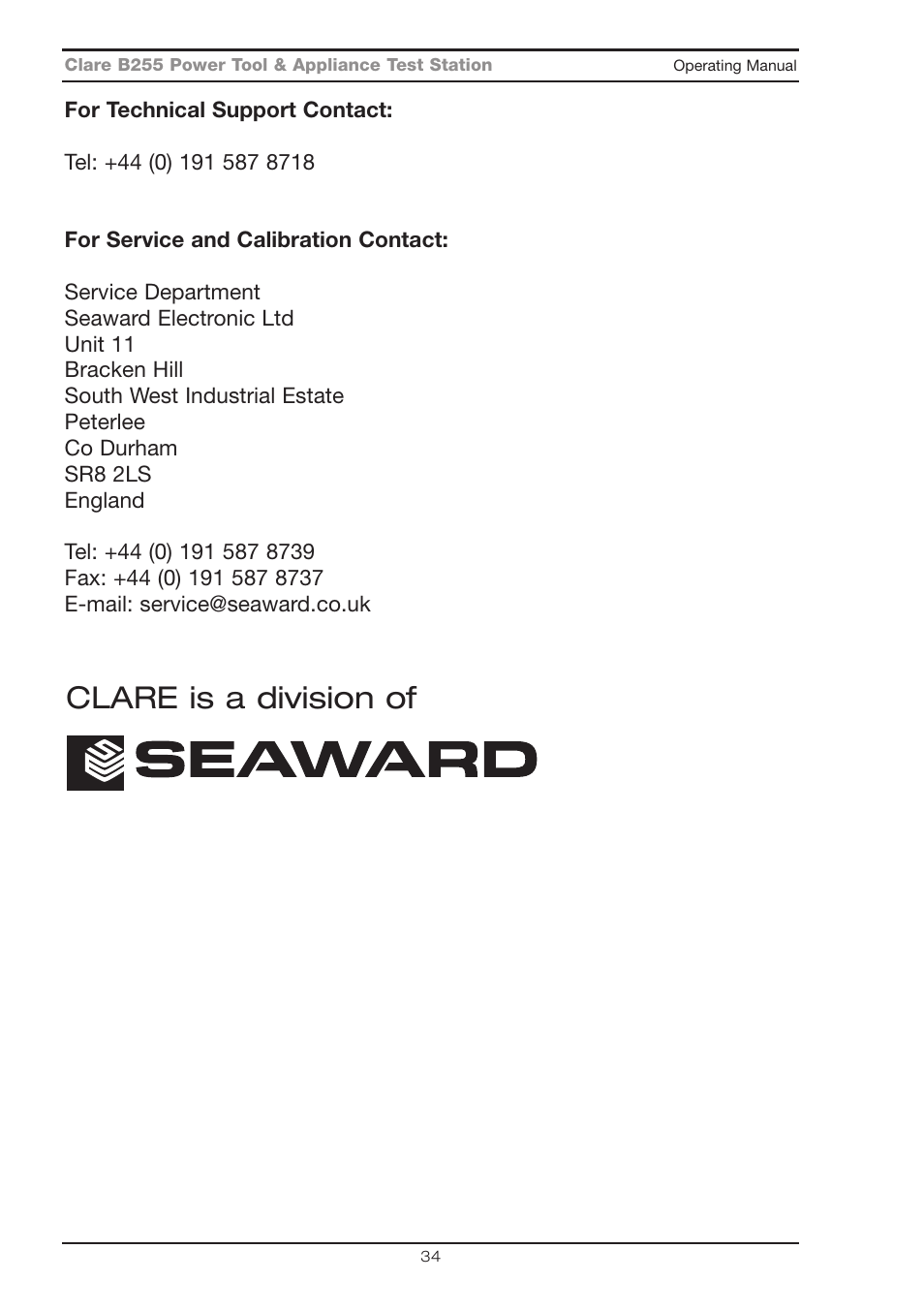 Clare is a division of | Seaward B255 User Manual | Page 38 / 40