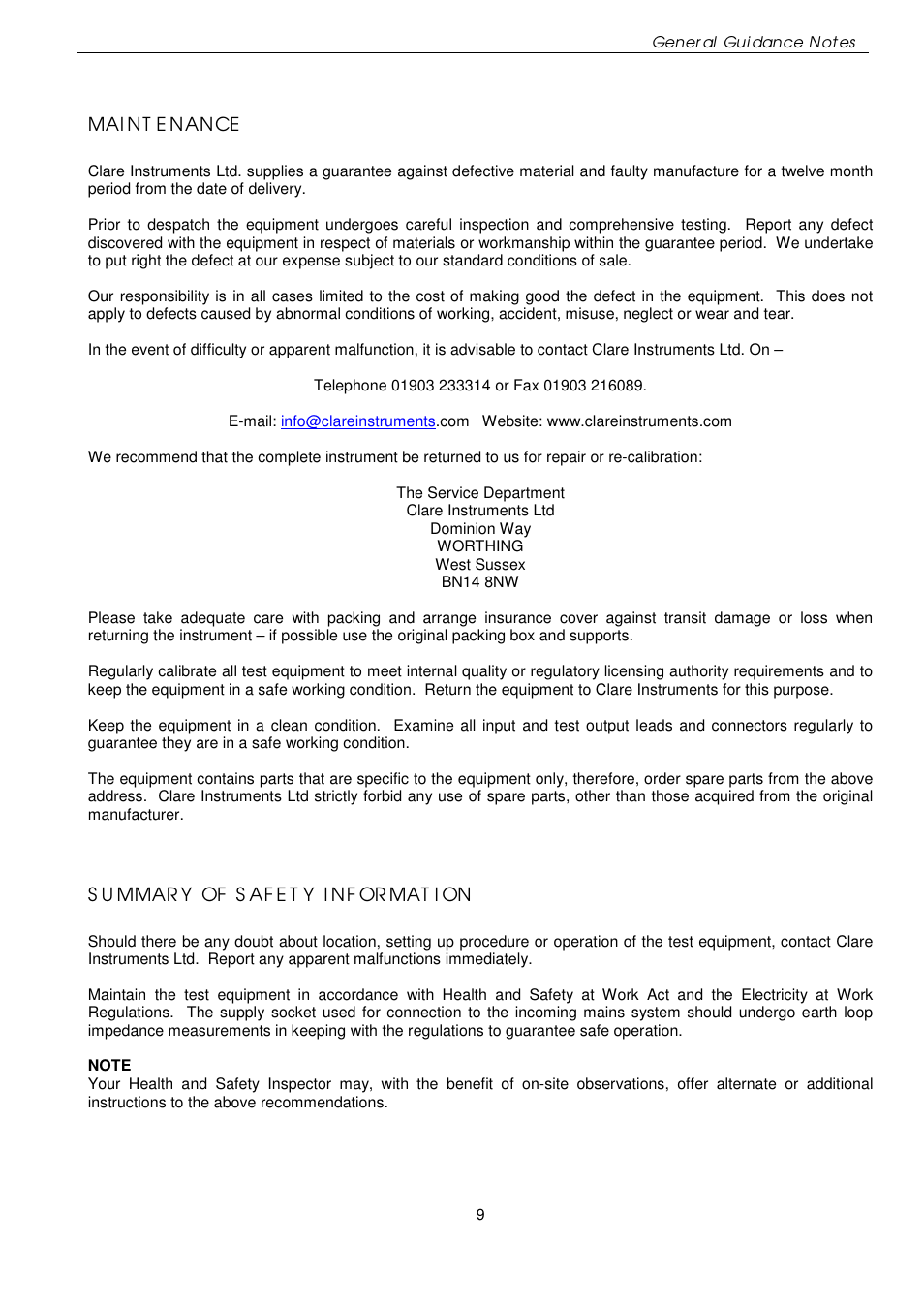 Mai nt e nance | Seaward B433R User Manual | Page 9 / 16