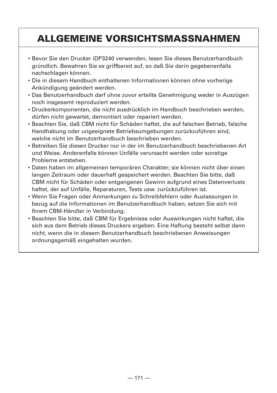 Allgemeine vorsichtsmassnahmen | CBM America iDP3240 User Manual | Page 190 / 230