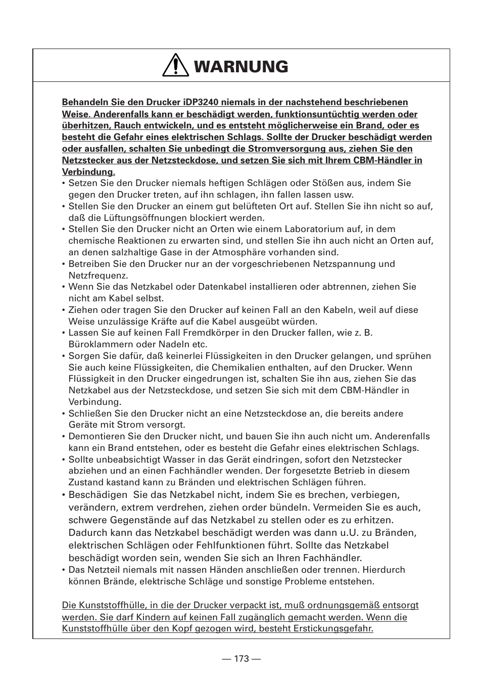 Warnung | CBM America iDP3240 User Manual | Page 192 / 230