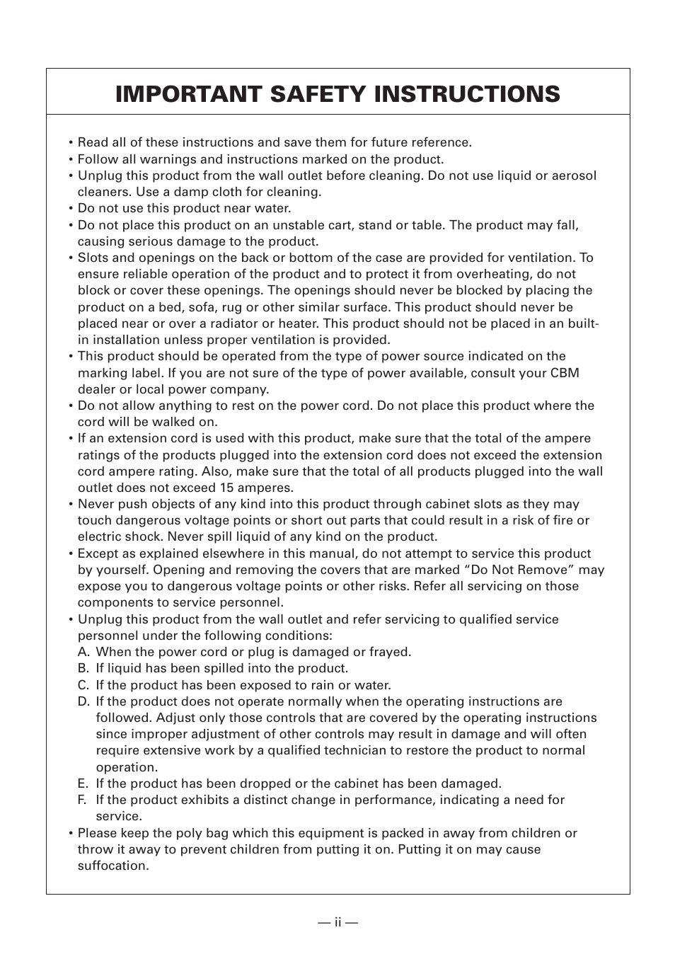 Important safety instructions | CBM America iDP3240 User Manual | Page 3 / 230