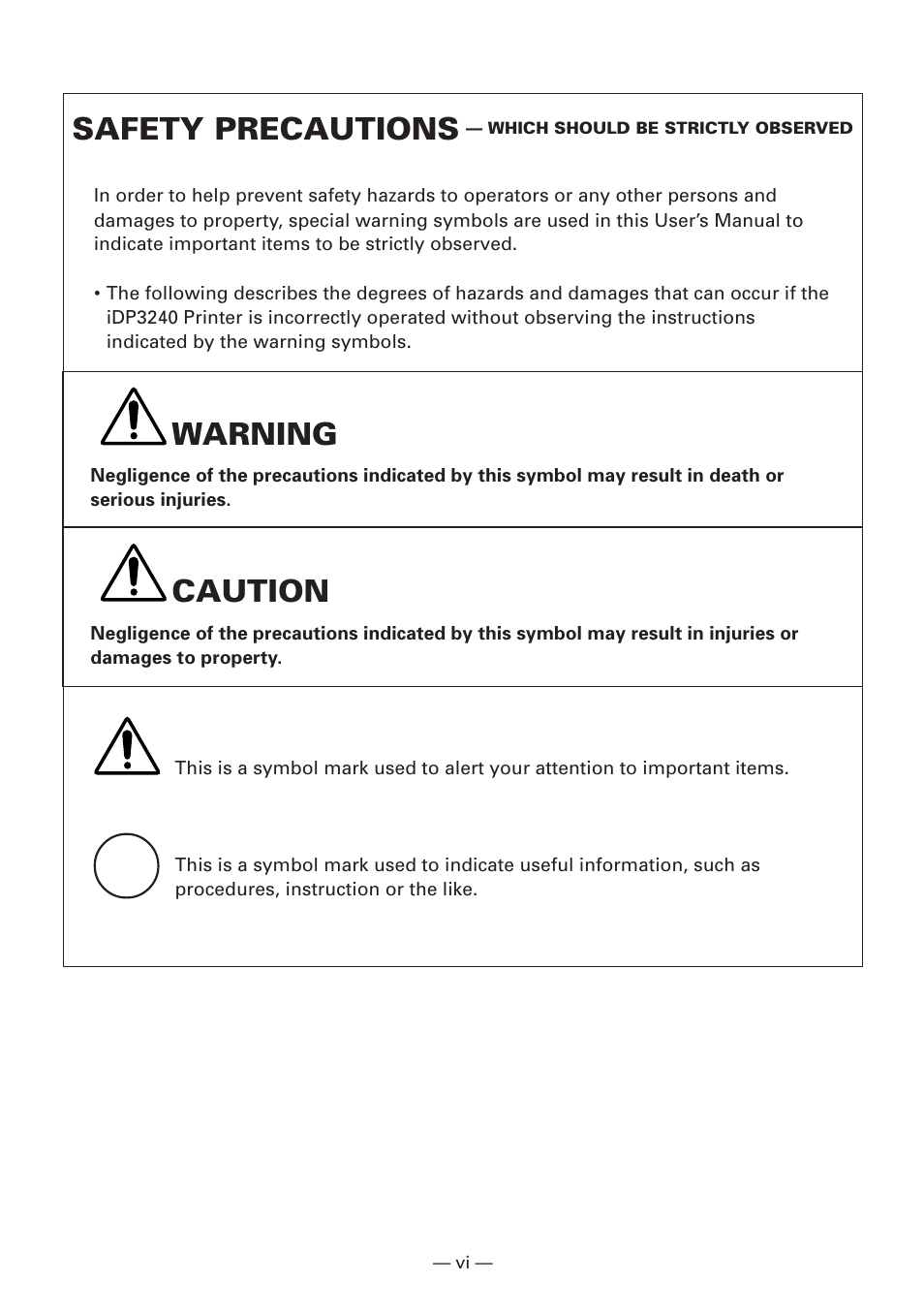 Safety precautions, Warning, Caution | CBM America iDP3240 User Manual | Page 7 / 230