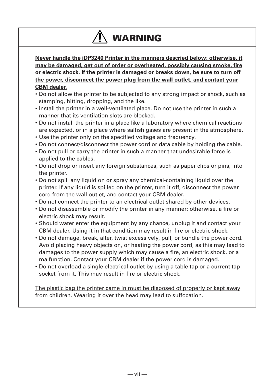 Warning | CBM America iDP3240 User Manual | Page 8 / 230